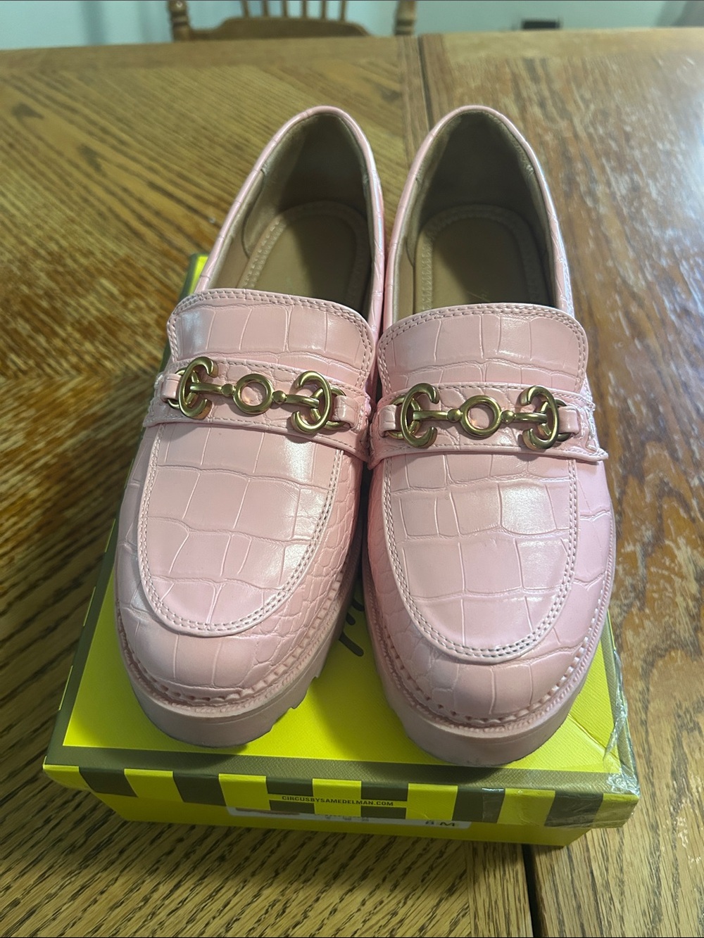 Circus by Sam Edelman Pink Croc-Embossed Loafers with Gold Bit